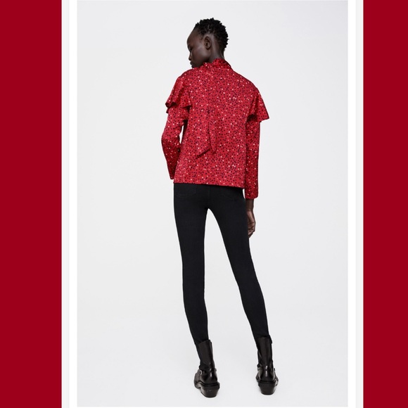 Zara red satin heart patterned tiered pussybow blouse - Picture 8 of 14